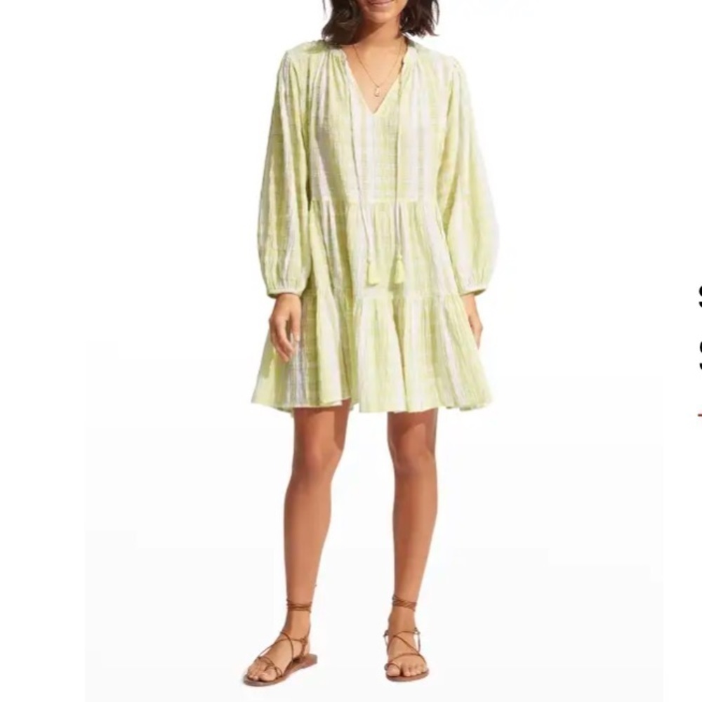 Seafolly Short V-Neck Textured Gingham Tiered Dress in Wild Lime NWT